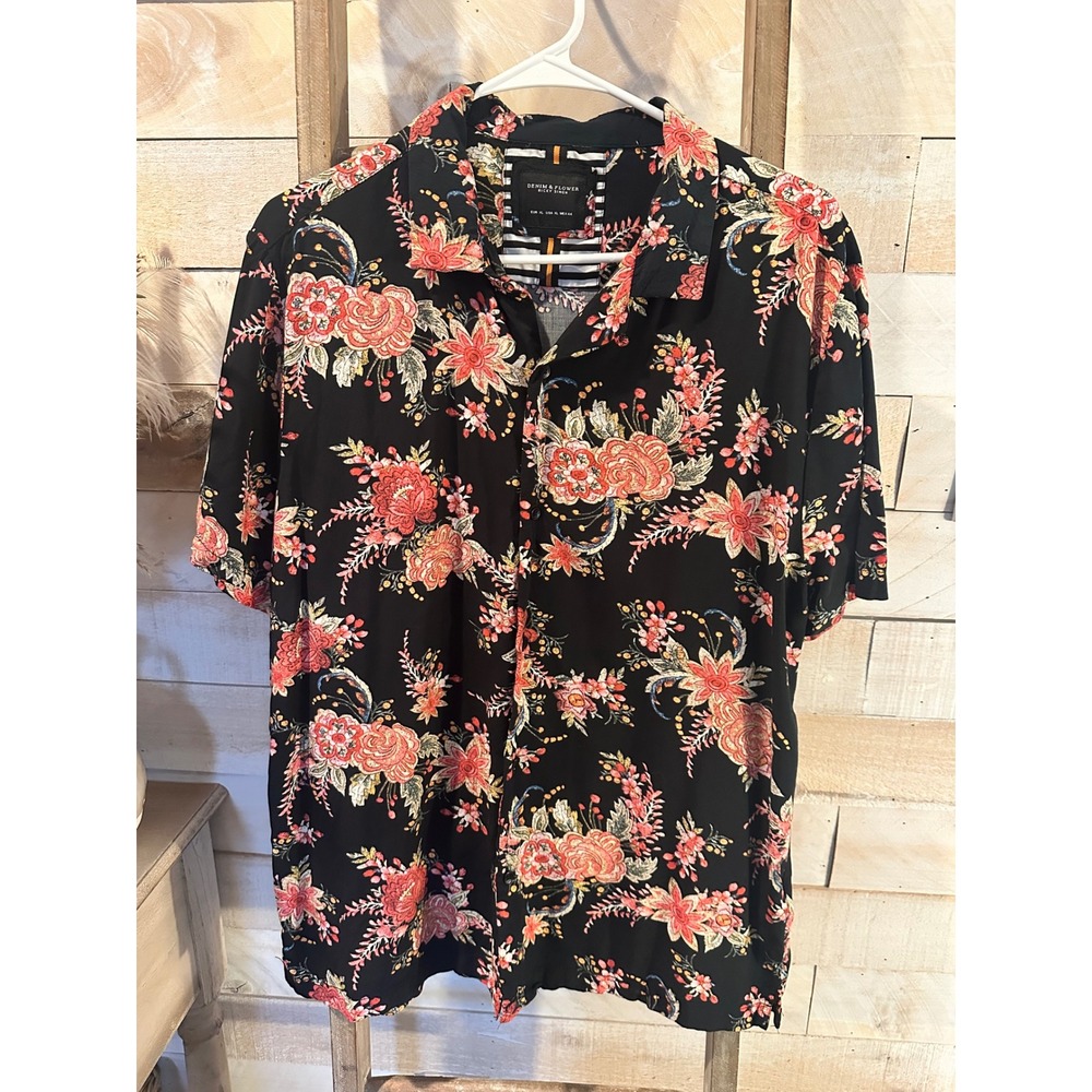 Denim & Flower Ricky Singh Mens XL Black Floral Viscose Short Sleeve Button Down